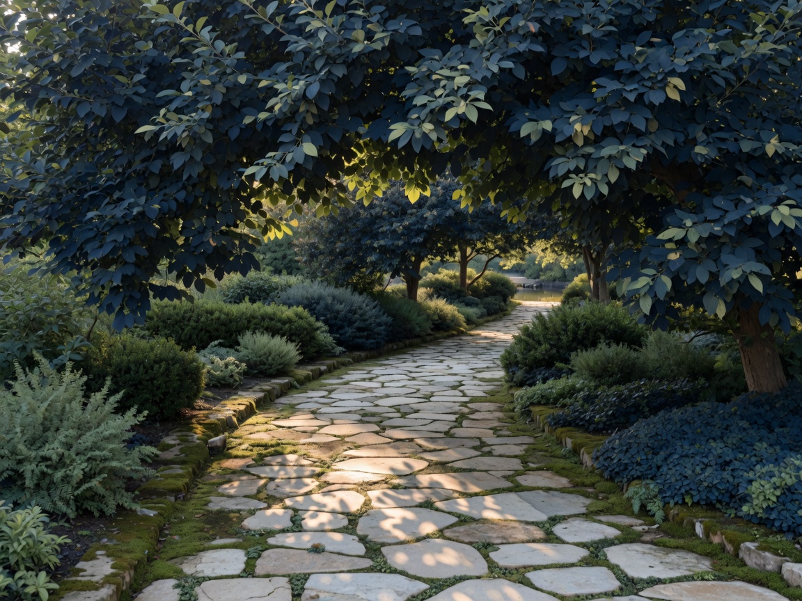 A stone garden path under a dense tree canopy, moss between the pavers, water at the far end.