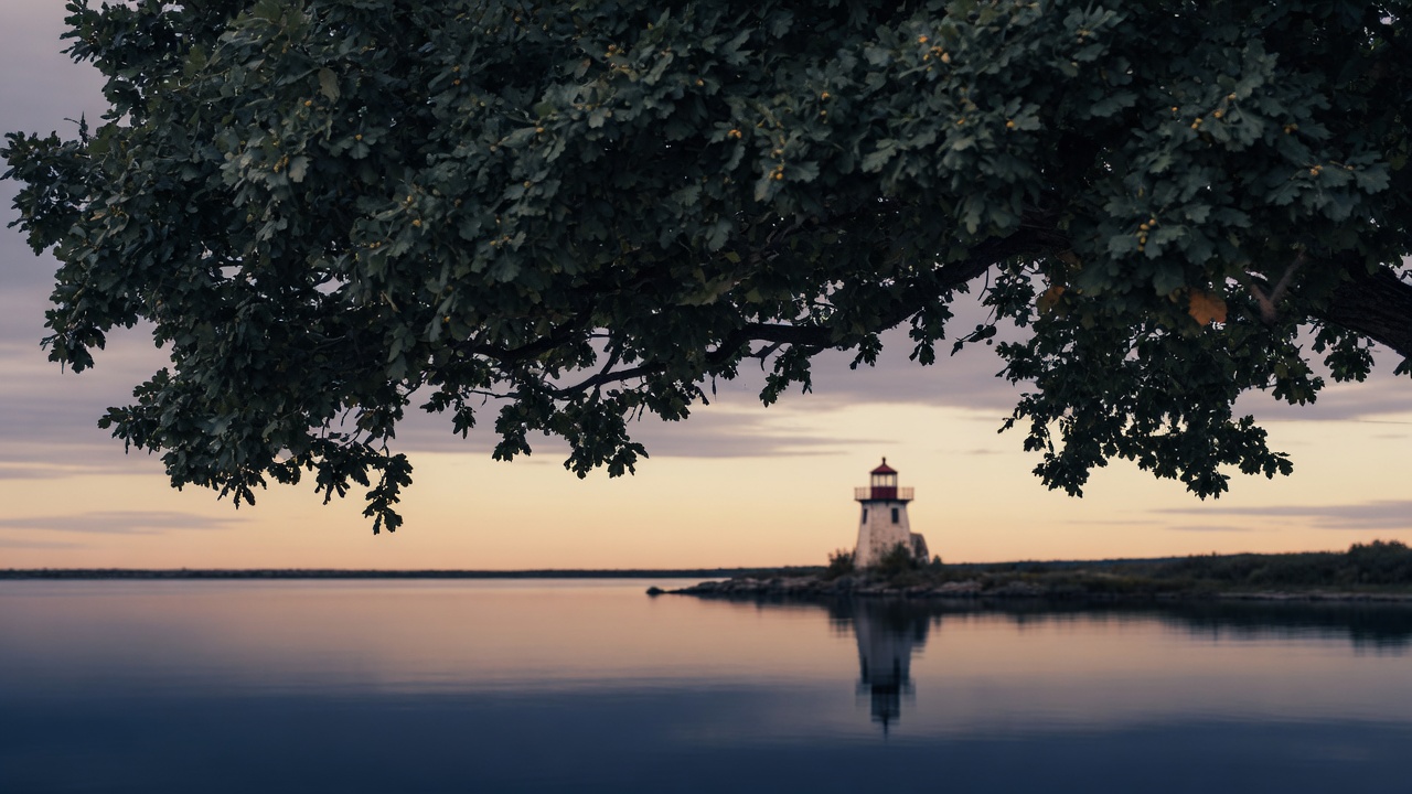 Oak canopy over a still harbor at dusk, a lighthouse on the far shore.