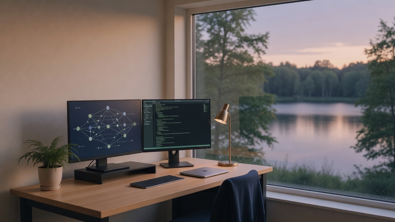 A quiet operations desk facing trees and water at dusk, network diagrams on one screen and a terminal on the other.
